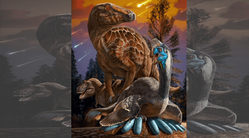 Artist’s depiction of Late Cretaceous oviraptorosaurs, hadrosaurs, and tyrannosaurs living in central China CREDIT: IVPP