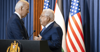 President Joe Biden talks with Palestinian Authority President Mahmoud Abbas after a joint press statement, Friday, July 15, 2022, at the Palestinian Presidential Palace in Bethlehem. (Official White House Photo by Adam Schultz)