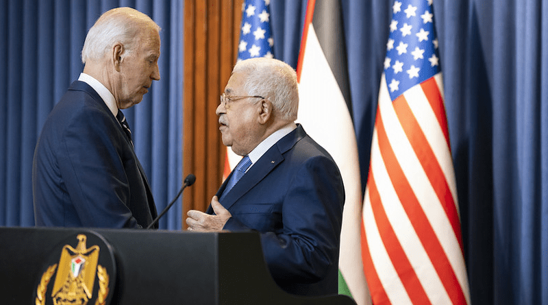 President Joe Biden talks with Palestinian Authority President Mahmoud Abbas after a joint press statement, Friday, July 15, 2022, at the Palestinian Presidential Palace in Bethlehem. (Official White House Photo by Adam Schultz)