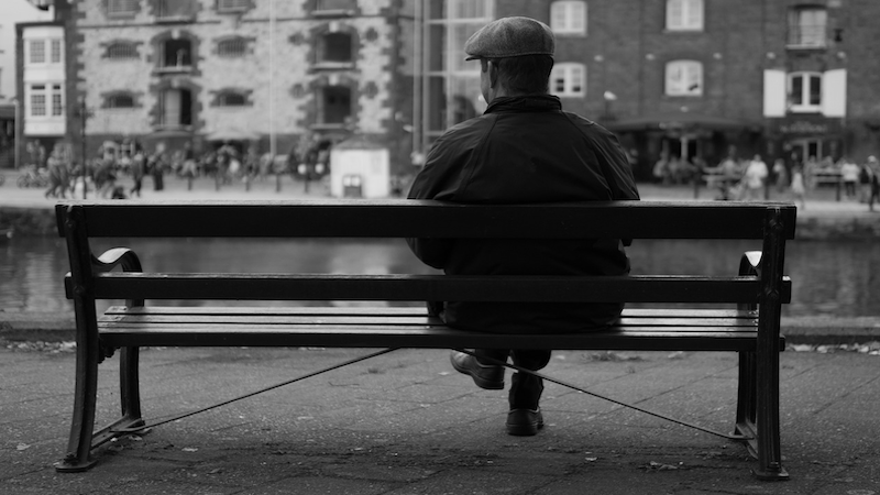 Man Bench City Waiting Sitting Hat Old View England United Kingdom