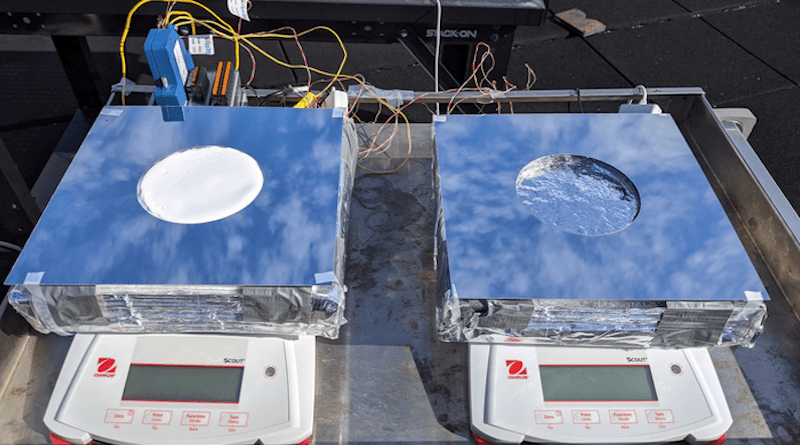 Two samples of passive cooling devices were tested on the roof of MIT's Building 1: On the left, a sample of the new system, combining evaporative cooling, radiative cooling, and insulation. On the right, a device using just evaporative cooling, for comparison testing. CREDIT Photo: Courtesy of Zhengmao Lu