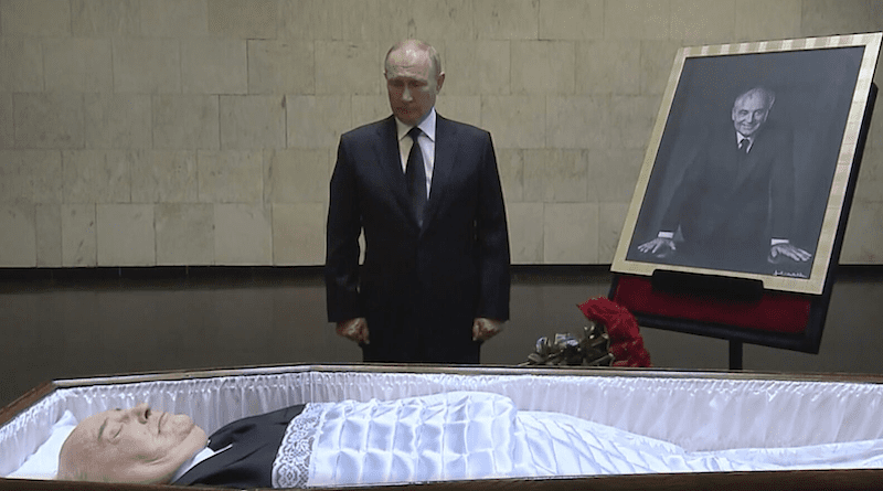 Russian President Vladimir Putin pays his last respects at the coffin of former Soviet President Mikhail Gorbachev at the Central Clinical Hospital in Moscow (Source: Russian Pool)