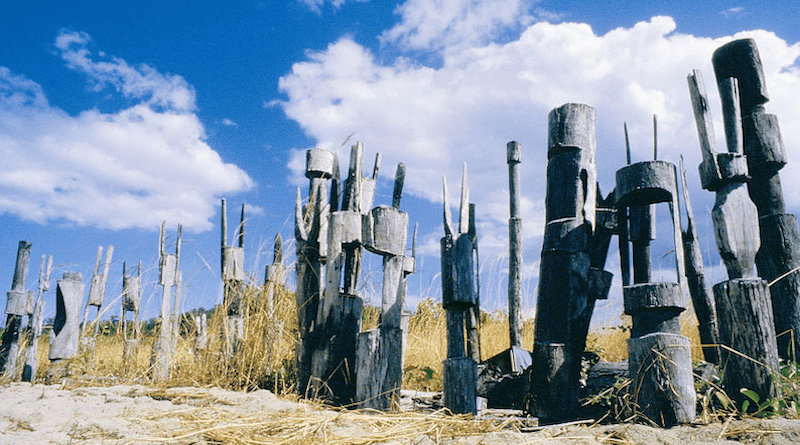 Traditional burial poles, Tiwi Islands. Photo Credit: Tourism NT, Wikipedia Commons