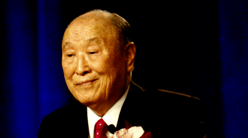 Unification Movement founder Sun Myung Moon giving a public speech in the Las Vegas Valley in 2010. Photo Credit: David Roberts, Wikipedia Commons (photo cropped)