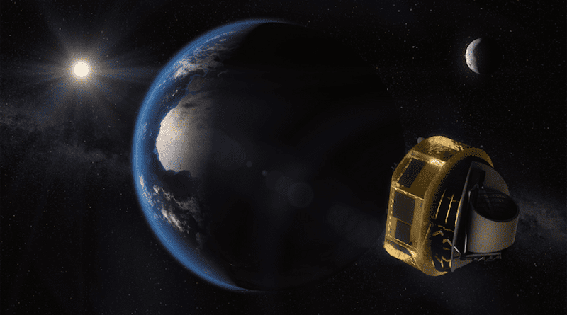 Artist’s impression of Ariel on its way to Lagrange Point 2 (L2). Here, the spacecraft is shielded from the Sun and has a clear view of the whole sky. CREDIT: ESA/STFC RAL Space/UCL/Europlanet-Science Office