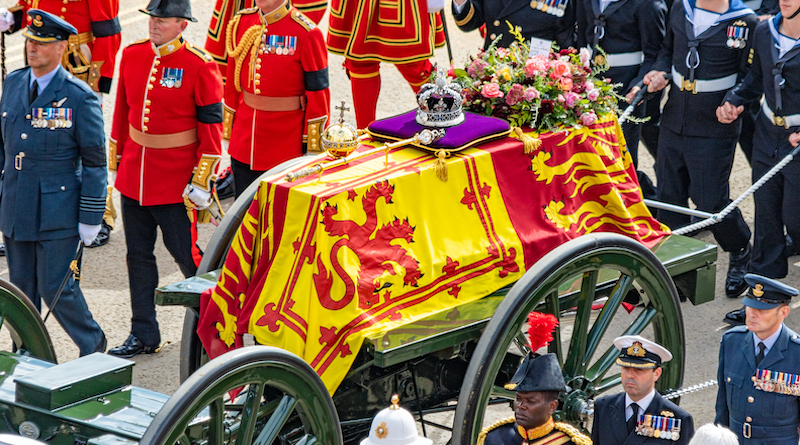 The funeral procession for Queen Elizabeth II. Photo Credit: Department for Digital, Culture, Media and Sport, Wikipedia Commons