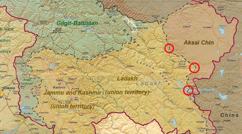 Details of a map of the disputed Kashmir region created by the United States CIA in 2004 and hosted by the University of Texas at Austin Perry-Castañeda Library Map Collection; altered to show new jurisdictions by Fowler&fowler in November 2019; altered by to show 2020 skirmish locations by MarkH21 in June 2020. The red circles mark the rough locations of the conflicts at the the Galwan Valley (top), Hot Springs, Chang Chenmo Valley checkpoint (middle), and Pangong Tso (near the bottom). Credit: Wikipedia Commons