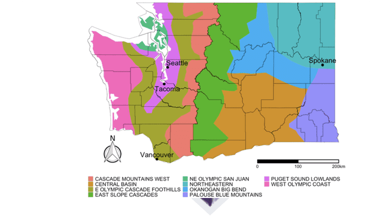 The study looked at mortality data in 10 federally defined climatic zones for Washington state, shown here, from 1980 to 2018. Heat-related mortality risks were higher in four climate zones: the Puget Sound lowlands (fuchsia); east slope Cascades (mossy green); the Northeast Olympic San Juan (sea green); and Northeastern (teal). CREDIT: Arnold et al./Atmosphere