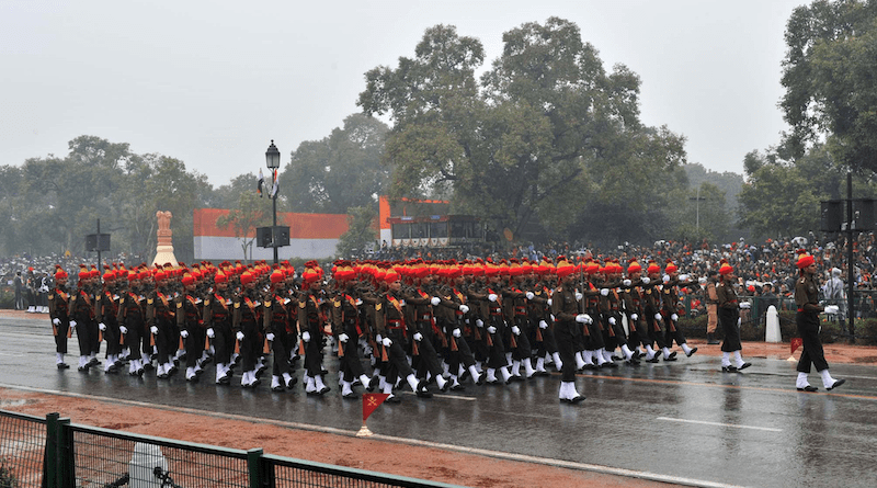 India's Jat Regiment marching contingent passes through the Rajpath during the 66th Republic Day Parade, 2015. Photo Credit: Ministry of Defence, Wikipedia Commons