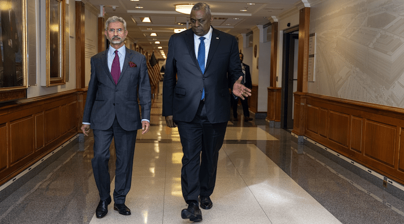 Secretary of Defense Lloyd J. Austin III and Indian Minister of External Affairs Subrahmanyam Jaishankar engage in a bilateral exchange at the Pentagon, Washington, D.C., Sept. 26, 2022. Photo Credit: Navy Petty Officer 2nd Class Alexander Kubitza, DOD