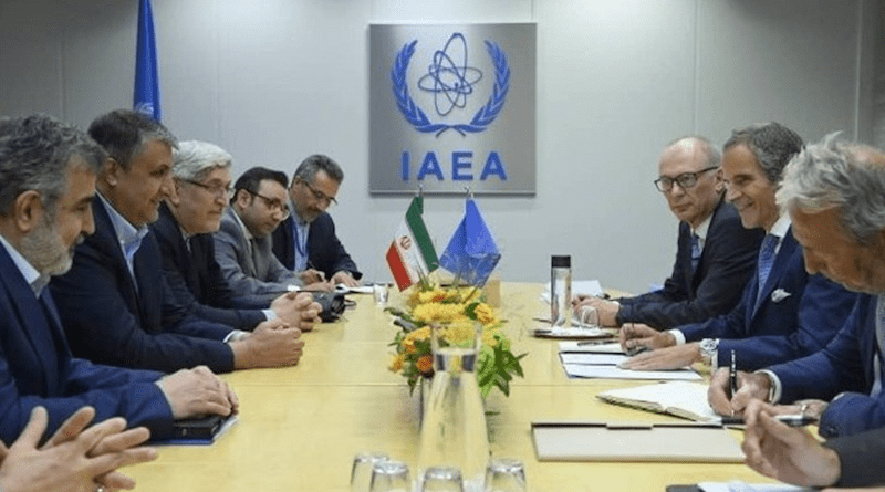 Head of the Atomic Energy Organization of Iran (AEOI) Mohammad Eslami with Director General of the International Atomic Energy Agency (IAEA) Rafael Mariano Grossi. Photo Credit: Tasnim News Agency