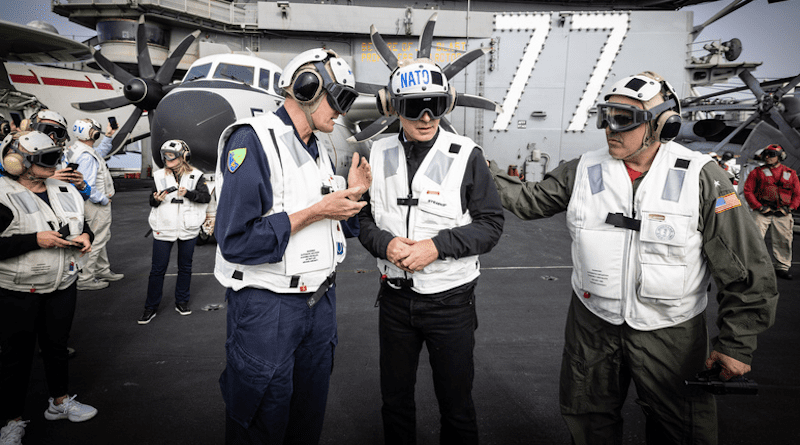 NATO Secretary General Jens Stoltenberg aboard US aircraft carrier USS George H.W. Bush. Photo Credit: NATO