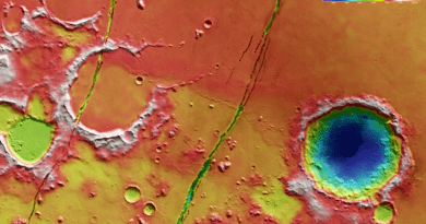 Colour-coded topographic view shows the relative heights of features in Cerberus Fossae: reds and whites are relatively higher than blues and purples. The image is based on a digital terrain model of the region, from which the topography of the landscape can be derived. CREDIT ©ESA/DLR/FU Berlin, CC BY-SA 3.0 IGO (https://www.esa.int/ESA_Multimedia/Terms_and_Conditions)