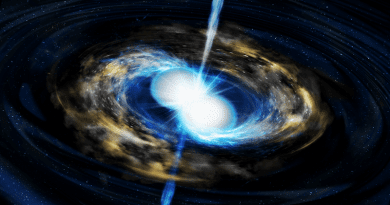 An image of a neutron star merger and a kilonova. CREDIT: Tohoku University