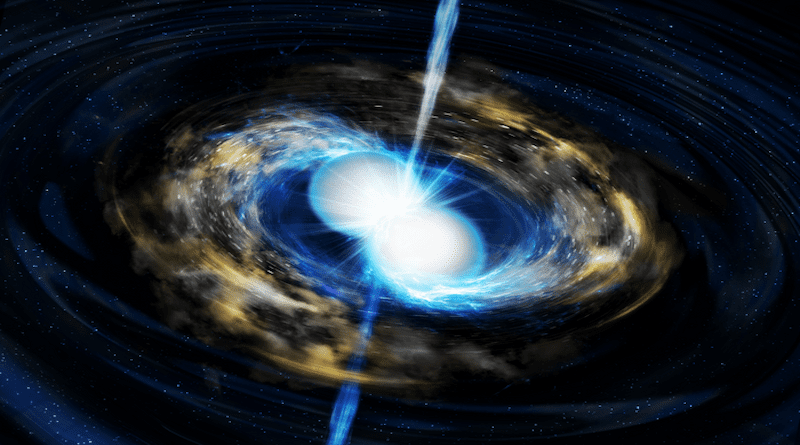 An image of a neutron star merger and a kilonova. CREDIT: Tohoku University