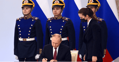 Russia's President Vladimir Putin during ceremony for signing the treaties on the accession of the Donetsk People's Republic, Lugansk People's Republic, Zaporozhye and Kherson regions to Russia. Photo Credit: Kremlin.ru
