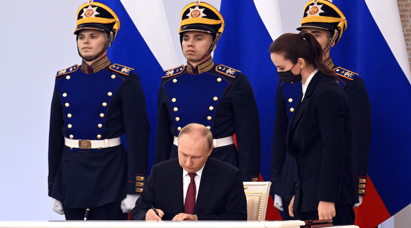 Russia's President Vladimir Putin during ceremony for signing the treaties on the accession of the Donetsk People's Republic, Lugansk People's Republic, Zaporozhye and Kherson regions to Russia. Photo Credit: Kremlin.ru