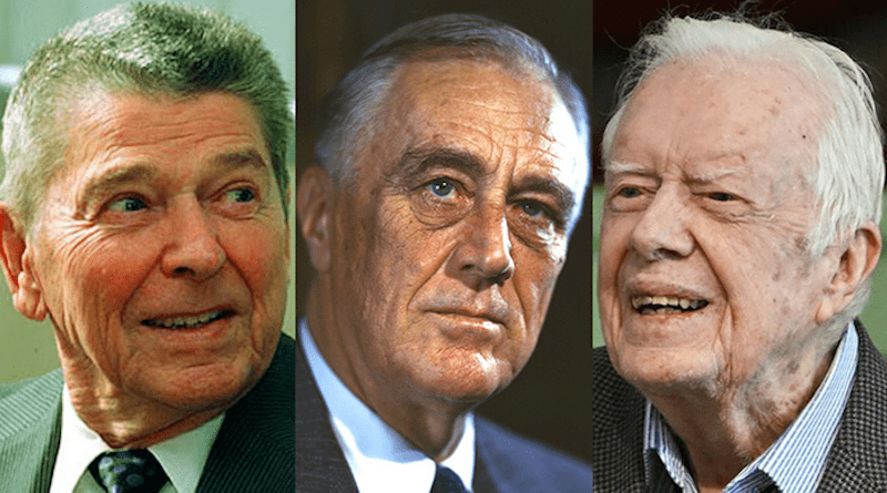 People age differently, including former presidents. Ronald Reagan developed Alzheimer’s disease in his late 80s and died from complications of the disease at the age of 93. Franklin Roosevelt, shown at 62, died of a brain hemorrhage at the age of 63. Jimmy Carter, shown in 2019 at the age of 95, has suffered from cancer but is now 98 years old and still active. Our genetics, the environment and our age all play important roles in our health, but which of these is the most important? A new UC Berkeley study suggests that in many cases, age plays a more important role than genetics in determining which genes in our bodies are turned on or off, influencing our susceptibility to disease. CREDIT: UC Berkeley
