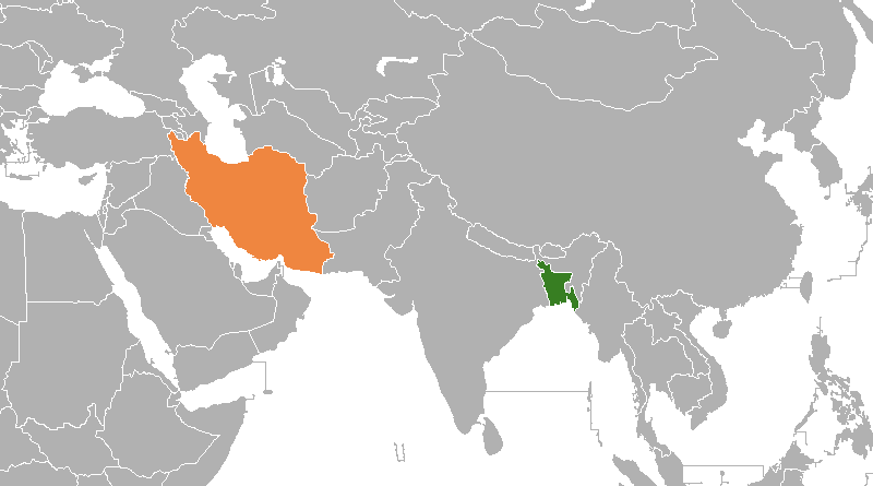 Locations of Bangladesh (green) and Iran. Credit: Wikipedia Commons