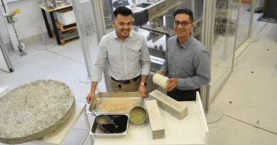 Flinders University sustainable construction materials lead researcher Dr Aliakbar Gholampour, right, and PhD civil engineering candidate Zakir Ikhasi who use natural fibres, lead slag (black sand) and waste glass sand materials in new-age concrete mixes. CREDIT: Flinders University