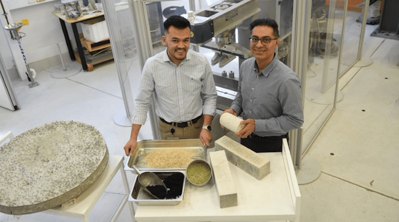 Flinders University sustainable construction materials lead researcher Dr Aliakbar Gholampour, right, and PhD civil engineering candidate Zakir Ikhasi who use natural fibres, lead slag (black sand) and waste glass sand materials in new-age concrete mixes. CREDIT: Flinders University