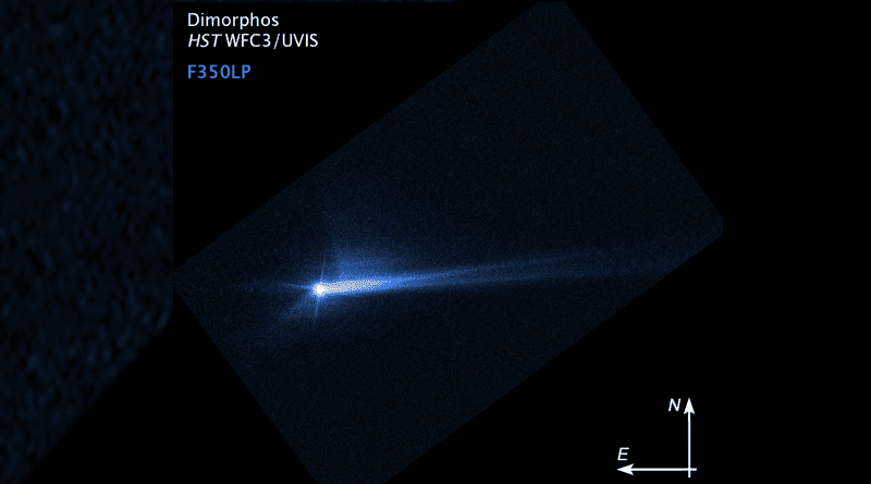 This imagery from NASA's Hubble Space Telescope from Oct. 8, 2022, shows the debris blasted from the surface of Dimorphos 285 hours after the asteroid was intentionally impacted by NASA's DART spacecraft on Sept. 26. The shape of that tail has changed over time. Scientists are continuing to study this material and how it moves in space, in order to better understand the asteroid. Credits: NASA/ESA/STScI/Hubble