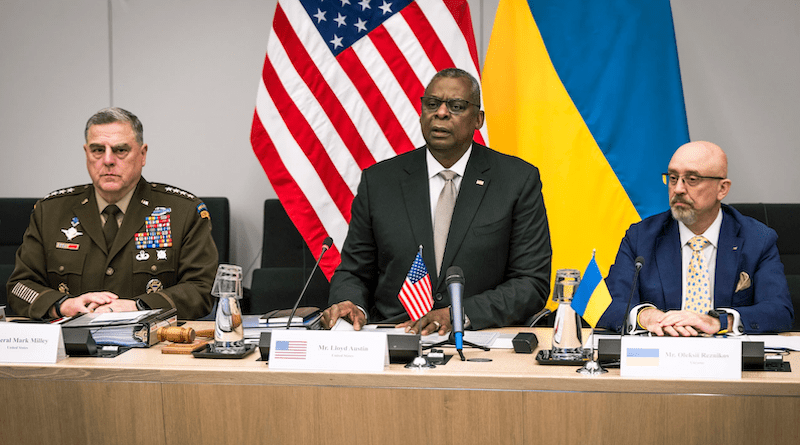 Secretary of Defense Lloyd J. Austin III, Army Gen. Mark A. Milley, chairman of the Joint Chiefs of Staff, and Ukrainian Defense Minister Oleksii Reznikov at the sixth meeting of the Ukraine Defense Contact Group at NATO headquarters, Brussels, Oct 12, 2022. Photo Credit: Chad J. McNeeley, DOD