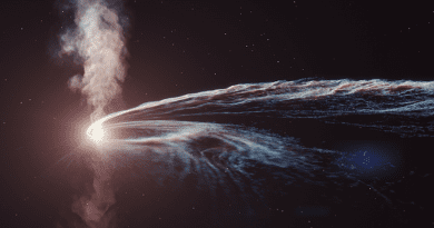 Artist’s illustration of tidal disruption event AT2019dsg where a supermassive black hole spaghettifies and gobbles down a star. Some of the material is not consumed by the black hole and is flung back out into space. CREDIT: DESY, Science Communication Lab