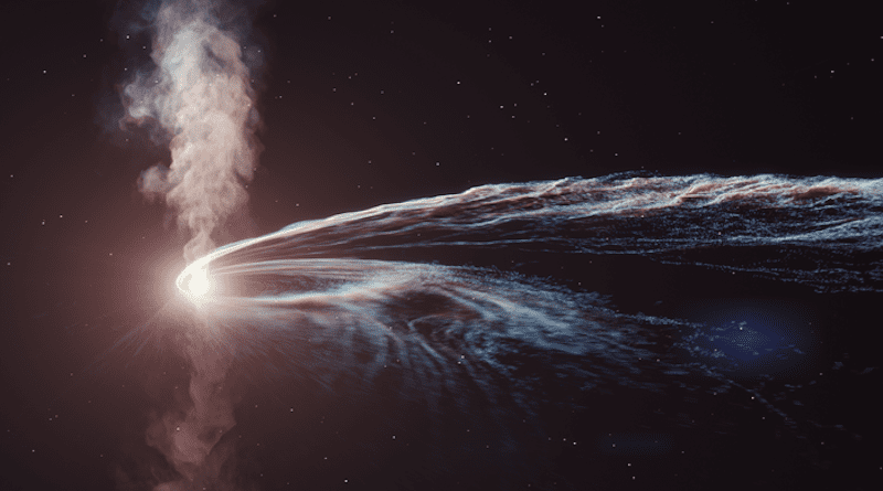 Artist’s illustration of tidal disruption event AT2019dsg where a supermassive black hole spaghettifies and gobbles down a star. Some of the material is not consumed by the black hole and is flung back out into space. CREDIT: DESY, Science Communication Lab