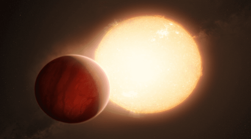 This artist’s impression shows an ultra-hot exoplanet, a planet beyond our Solar System, as it is about to transit in front of its host star. When the light from the star passes through the planet’s atmosphere, it is filtered by the chemical elements and molecules in the gaseous layer. With sensitive instruments, the signatures of those elements and molecules can be observed from Earth. Using the ESPRESSO instrument of ESO’s Very Large Telescope, astronomers have found the heaviest element yet in an exoplanet's atmosphere, barium, in the two ultra-hot Jupiters WASP-76 b and WASP-121 b. CREDIT: ESO/M. Kornmesser