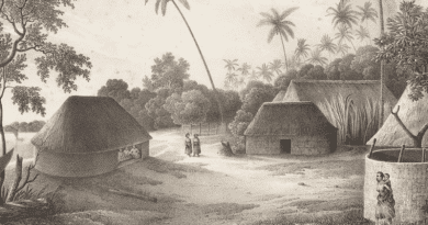 Part of an engraving by Louie-Auguste de Sainson depicting a residential dwelling (left) constructed on top of a mound approximately one metre tall. CREDIT: Collections of the State Library of New South Wales