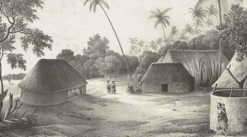 Part of an engraving by Louie-Auguste de Sainson depicting a residential dwelling (left) constructed on top of a mound approximately one metre tall. CREDIT: Collections of the State Library of New South Wales