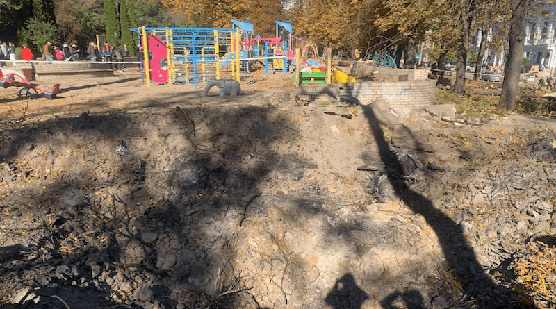 Aftermath of Russian bombing a playground in the center of Kyiv. Photo Credit: Ukraine Defense Ministry