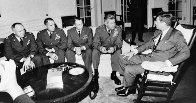 President Kennedy meets in the Oval Office with General Curtis LeMay and the reconnaissance pilots who found the missile sites in Cuba. Photo Credit: CIA, Wikipedia Commons