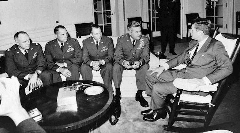 President Kennedy meets in the Oval Office with General Curtis LeMay and the reconnaissance pilots who found the missile sites in Cuba. Photo Credit: CIA, Wikipedia Commons