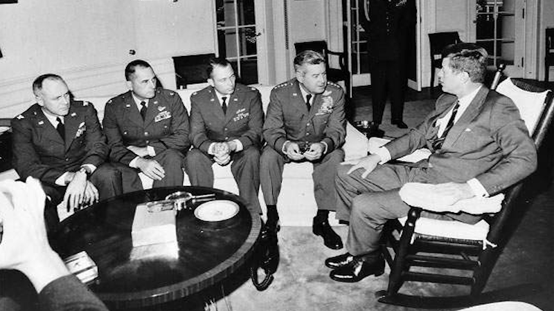 President Kennedy meets in the Oval Office with General Curtis LeMay and the reconnaissance pilots who found the missile sites in Cuba. Photo Credit: CIA, Wikipedia Commons