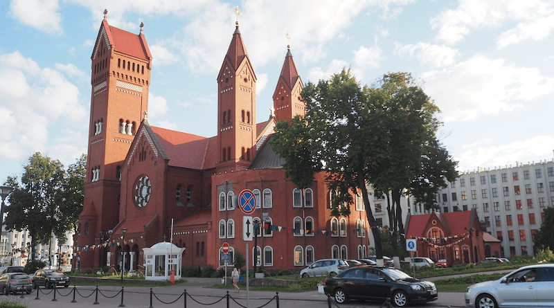 Catholic Church of Saints Simon and Helena (Red Church) in central Minsk, Belarus.