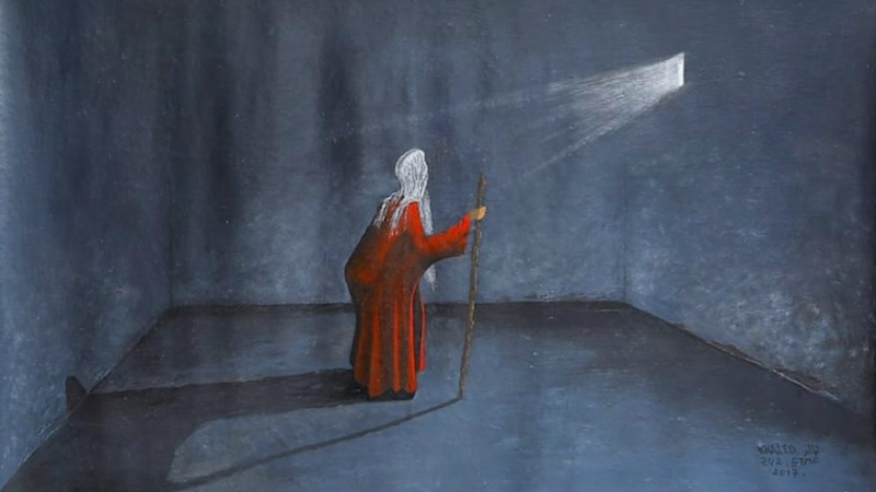 A painting by Guantánamo prisoner Khaled Qasim, which was allowed out of the prison before the ban on any more prisoner artwork leaving the prison was enacted in November 2017. Qasim, who was finally approved for release in July this year, has continued to make art, and said to his brother in a call in August, “I ask you all to help me to free my artwork from Guantánamo. My artworks are part of me and my life. If the US government does not agree to release my artwork, I will refuse to leave Guantánamo without my artwork.”
