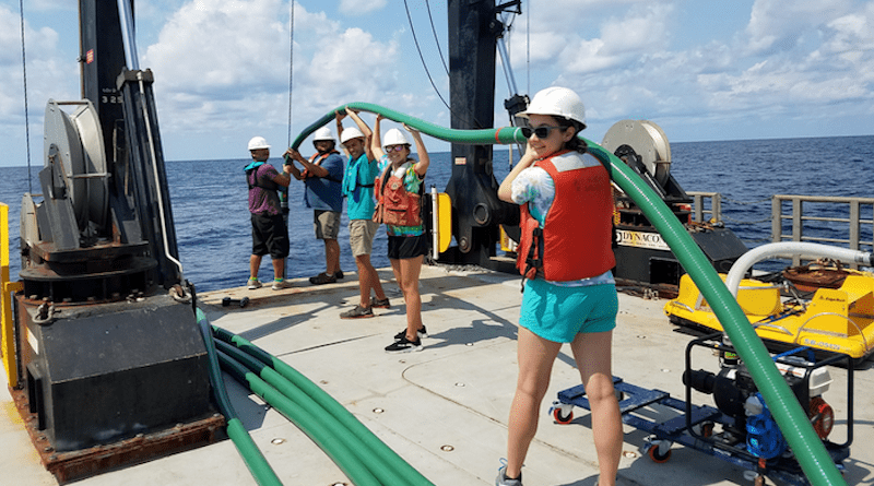 Researchers used a giant suction hose to collect thousands of gallons of ocean water, while on the research ship R/V Hugh Sharp. The researchers extracted methane from each sample, compressed the methane into cylinders, and brought the cylinders back to the lab of John Kessler, a professor of earth and environmental sciences at the University of Rochester. They measured unique isotopic “signatures” of oceanic methane in the samples and found that although ancient methane is being released from the seafloor, negligible amounts reach the surface waters and therefore the atmosphere. CREDIT: University of Rochester photo / John Kessler