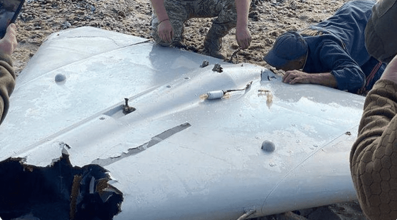 A nearly intact Iranian made Shaheed-136 drone downed by the Ukrainian army. [Twitter]