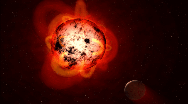 Illustration of a red dwarf star orbited by a hypothetical exoplanet. Red dwarfs erupt with intense flares that could strip a nearby planet's atmosphere over time, or make the surface inhospitable to life as we know it. CREDIT: NASA/ESA/STScI/G. Bacon