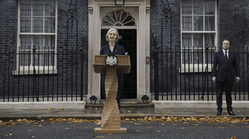 Liz Truss announcing her intention to resign as Conservative leader on 20 October 2022. Photo Credit: Prime Minister's Office, Wikipedia Commons