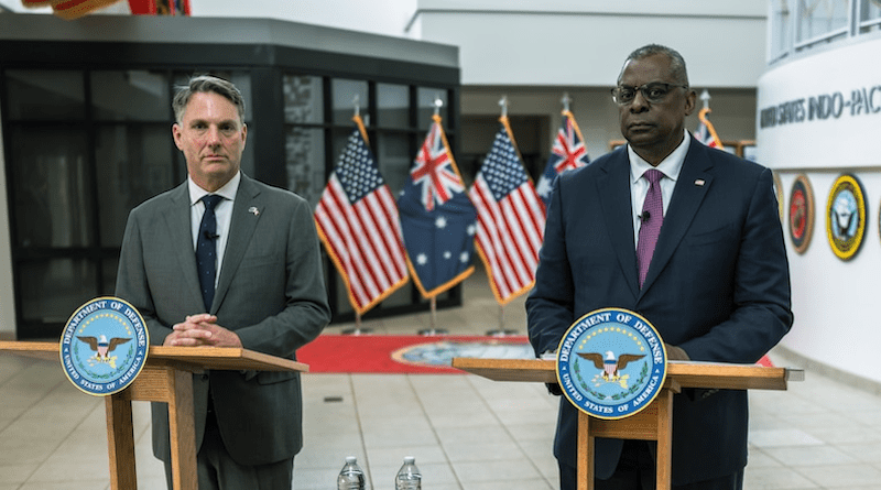 Secretary of Defense Lloyd J. Austin III and Australian Deputy Prime Minister and Defense Minister Richard Marles hold a joint press conference at U.S. Indo-Pacific headquarters, Camp Smith, Hawaii, Oct. 1, 2022. Photo Credit: Chad J. McNeeley, DOD