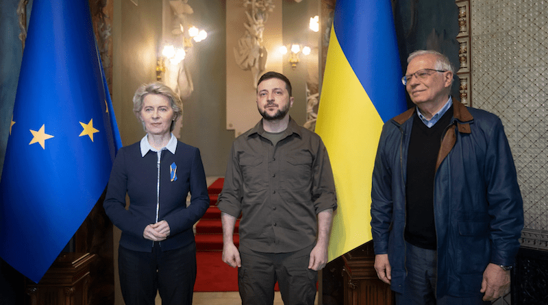 EU Commission President Ursula von der Leyen with Ukrainian President Volodymyr Zelensky and EU foreign affairs High Representative Josep Borrell (R) attend their meeting in Kyiv | Ukrainian Presidential Press Service