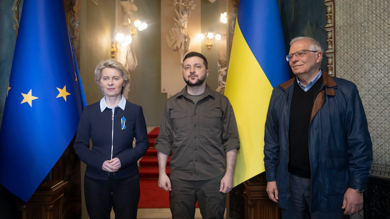 EU Commission President Ursula von der Leyen with Ukrainian President Volodymyr Zelensky and EU foreign affairs High Representative Josep Borrell (R) attend their meeting in Kyiv | Ukrainian Presidential Press Service