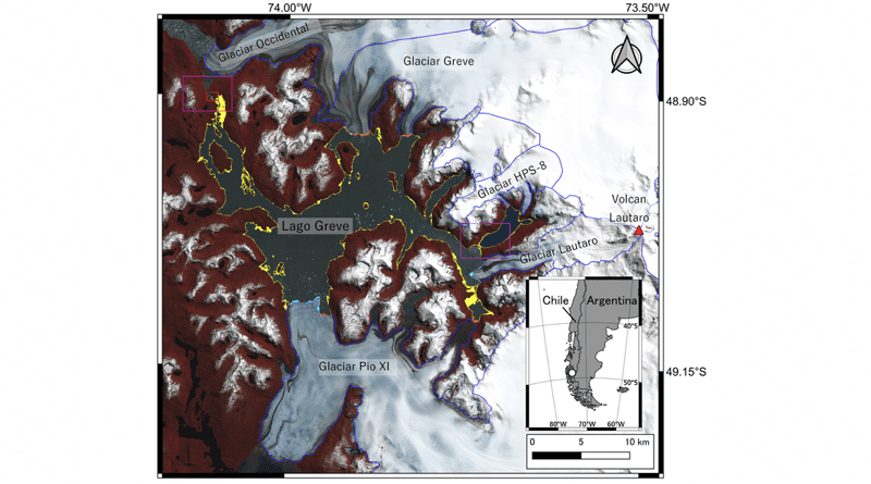 Satellite image of Lago Greve (Greve Lake), Chile and surrounding landmarks. The area which turned from lake to land surface from 8 April to 1st November 2020 are highlighted in yellow. Areas highlighted in orange and cyan indicate advance and retreat of glacier calving fronts during the same period. The red box (top right) indicates the location of the lake outlet (Shuntaro Hata, Shin Sugiyama, Kosuke Heki. Communications Earth & Environment. August 26, 2022). CREDIT Shuntaro Hata, Shin Sugiyama, Kosuke Heki. Communications Earth & Environment. August 26, 2022