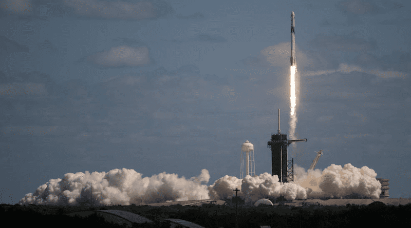 A SpaceX Falcon 9 rocket carrying the company's Dragon spacecraft is launched on NASA's SpaceX Crew-5 mission to the International Space Station with NASA astronauts Nicole Mann and Josh Cassada, Japan Aerospace Exploration Agency (JAXA) astronaut Koichi Wakata, and Roscosmos cosmonaut Anna Kikina onboard, Wednesday, Oct. 5, 2022, at NASA's Kennedy Space Center in Florida. NASA's SpaceX Crew-5 mission is the fifth crew rotation mission of the SpaceX Dragon spacecraft and Falcon 9 rocket to the International Space Station as part of the agency's Commercial Crew Program. Mann, Cassada, Wakata, and Kikini launched at 12:00 p.m. EDT from Launch Complex 39A at the Kennedy Space Center to begin a six-month mission onboard the orbital outpost. Credits: NASA/Joel Kowsky