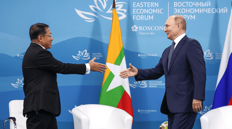 Chairman of the State Administration Council of Myanmar Min Aung Hlaing with Russia's President Vladimir Putin. Photo Credit: Kremlin.ru