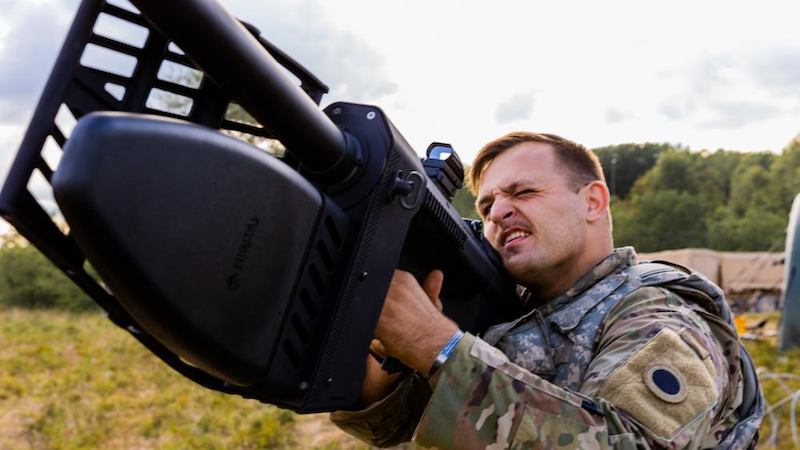 Staff Sgt. Noah Straman, assigned to Headquarters and Headquarters Company, 37th Infantry Brigade Combat Team, fires a DroneDefender during Operation Northern Strike at Camp Grayling, Mich., Aug. 14, 2022. Photo Credit: Spc. Benhur Ayettey, DOD