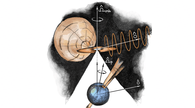 Sketch of the double star system of Hercules X-1: A donor star transports matter across an accretion disk into the tiny neutron star in the center of the disk. The neutron star is shown magnified in blue in the front. The IXPE data allowed the measurement of the angles between all relevant axes and revealed that, unexpectedly, the axis of rotation is not aligned with the direction of the angular momentum of the binary star orbit. Image: Alexander Mushtukov